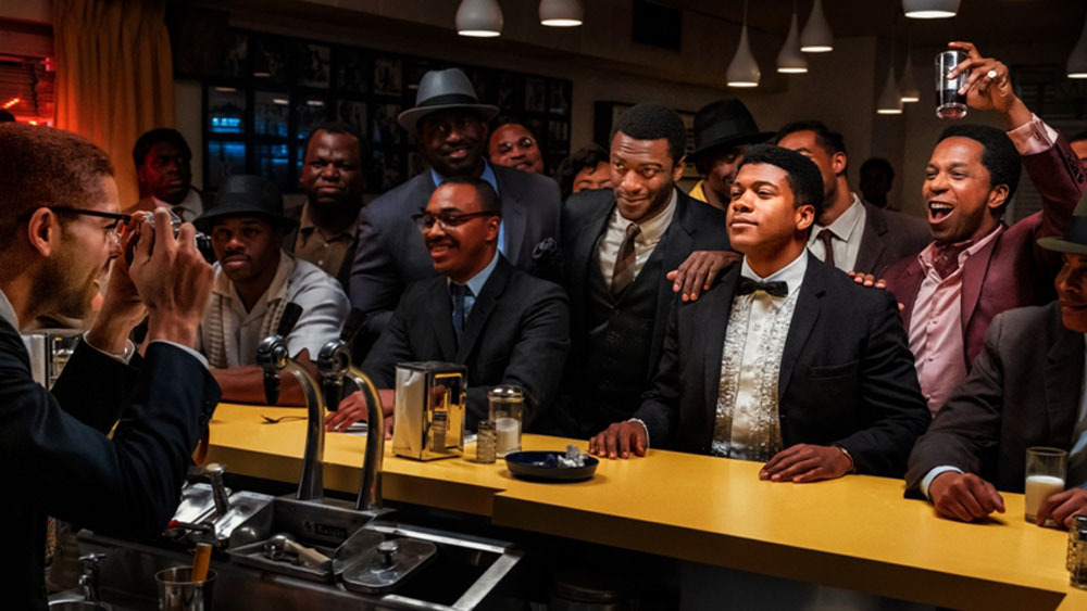 one night in miami regina king Leslie Odom Jr Sam Cooke Eli Goree Cassius Clay Aldis Hodge Jim Brown and behind the bar, Kingsley BenAdir Malcolm X