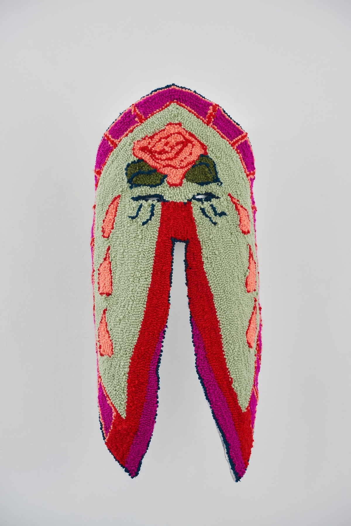Paradigm Gallery's "Tending to Clouds" Turns Thread and Wool Into Ritual 9 Artwork by Margaux McAllister Rose Mourning Mask tufted acrylic yarn embroidery floss armature wire feltTending to Clouds dosagemagazine.com