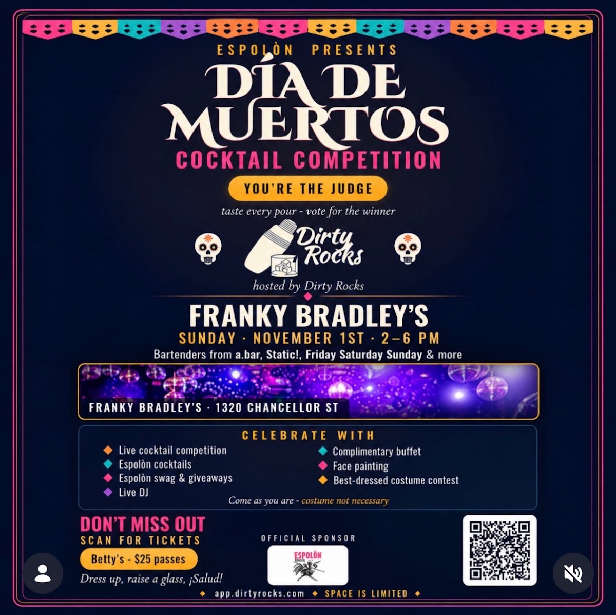 Dirty Rocks and Espolón Bring a Día de Muertos Cocktail Competition to Franky Bradley’s on November 1 2 Día de Muertos Cocktail Competition